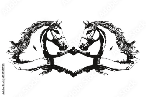 Symmetrical black and white illustration of two horses facing each other