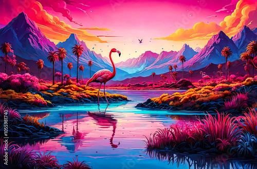 Flamingo in a Neon Fantasy Land watercolor vector painting art illustration. 
