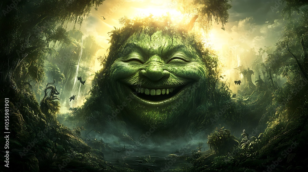 Whimsical Fantasy Illustration of a Laughing Giant