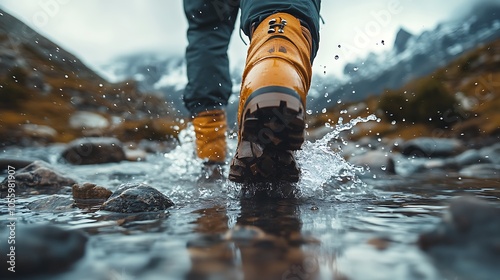 Close-up shot of the hikers feet in black socks with splashy water