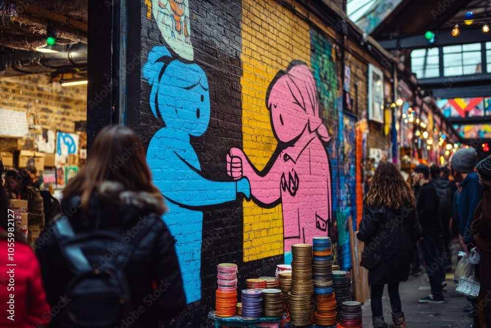 Fototapeta premium Colorful street art captures a moment between two characters. A vibrant expression of friendship and connection in an urban setting. Perfect for art lovers and creatives. Generative AI