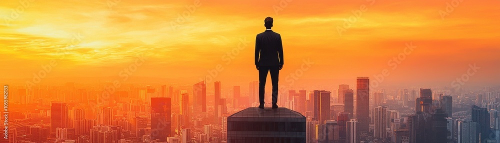 A silhouette of a man stands atop a building, gazing at a vibrant sunset over a city skyline, symbolizing ambition and success.