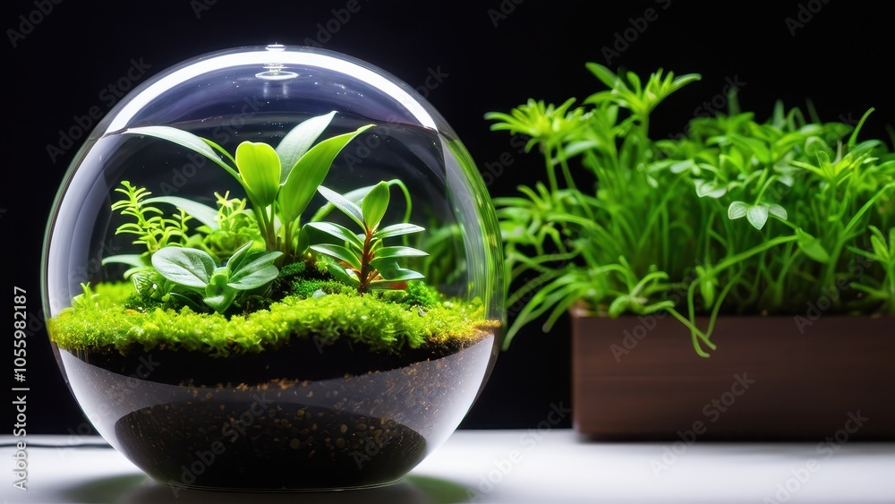 A round glass terrarium filled with vibrant greenery and moss, providing a refreshing touch for home or office spaces. A round glass terrarium filled with vibrant greenery and moss, providing a refreshing touch for home or office spaces.