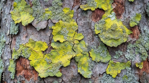 intricate close-up of tree bark adorned with vibrant green moss, showcasing nature's textures and colors, perfect for backgrounds or organic-themed designs photo