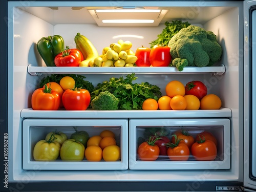 Healthy refrigerator filled with fruits and vegetable, bell pepper, broccoli, orange, banana, tomato