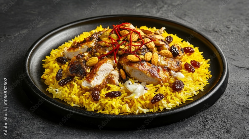 A plate of yellow rice with chicken, almonds, and raisins. A plate of yellow rice with chicken, almonds, and raisins.