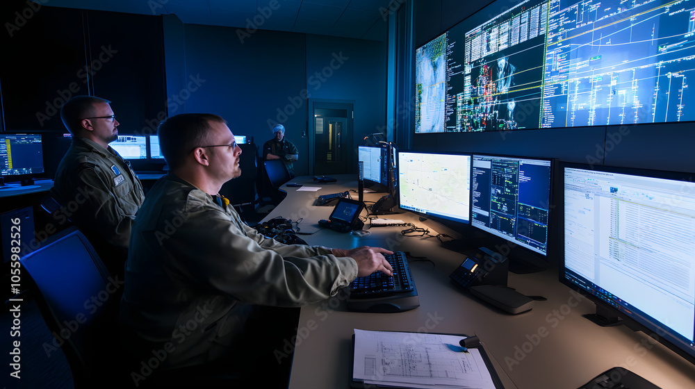 Military personnel analyzing real-time data on multiple screens in a high-tech command center, ensuring operational readiness and precision in a strategic environment. Military personnel analyzing real-time data on multiple screens in a high-tech command center, ensuring operational readiness and precision in a strategic environment.
