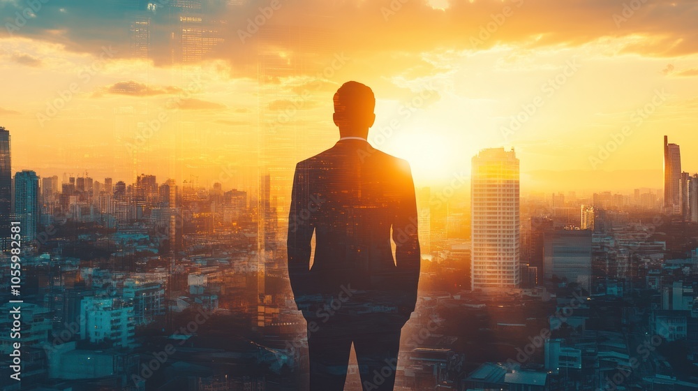 Silhouette of a businessman looking at the city skyline at sunset Silhouette of a businessman looking at the city skyline at sunset