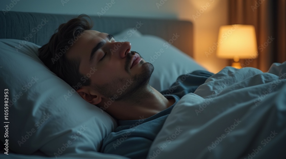 Man lying in bed, sound asleep, with a bedside lamp casting a warm glow in the room. Man lying in bed, sound asleep, with a bedside lamp casting a warm glow in the room.