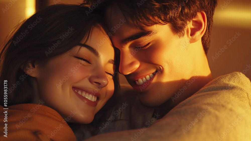 Joyful couple embracing, smiling warmly Joyful couple embracing, smiling warmly