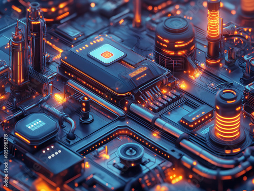 Futuristic Circuit Board with Glowing Neon Elements