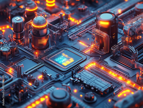 Futuristic Circuit Board with Glowing Neon Elements