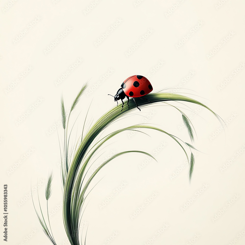 Naklejka premium Ladybug on Grass in Japanese Brush Calligraphy Style