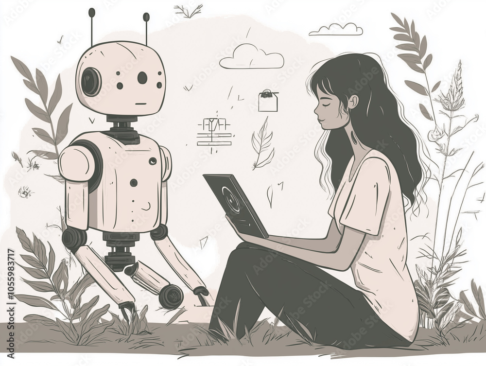 custom made wallpaper toronto digitalYoung Woman Interacting with Robot in Tranquil Nature Setting