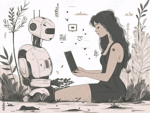 Young Woman Interacting with Robot in Tranquil Nature Setting