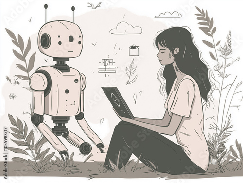 Young Woman Interacting with Robot in Tranquil Nature Setting