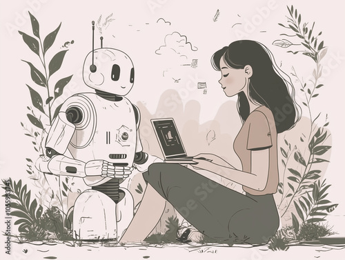 Young Woman Interacting with Robot in Tranquil Nature Setting