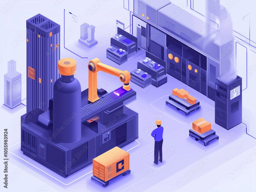 Modern Industrial Factory with Robotic Arm and Packaging Process Modern Industrial Factory with Robotic Arm and Packaging Process