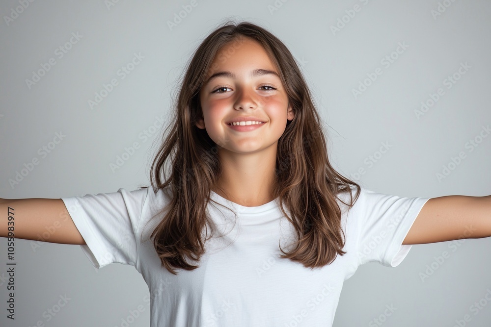 Happy young little girl isolated on simple studio background. Confident beautiful female model wearing white t-shirt candid pose. Happy young little girl isolated on simple studio background. Confident beautiful female model wearing white t-shirt candid pose.