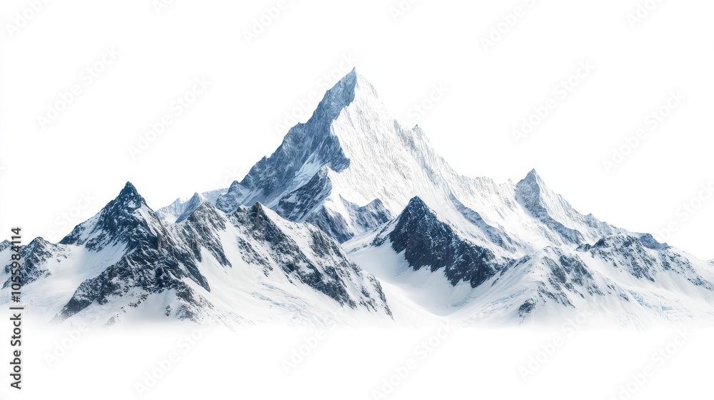 Fototapeta premium isolated snow-covered mountain standing majestically against a pure white background, evoking a sense of tranquility and the untouched beauty of nature in a stunning visual representation