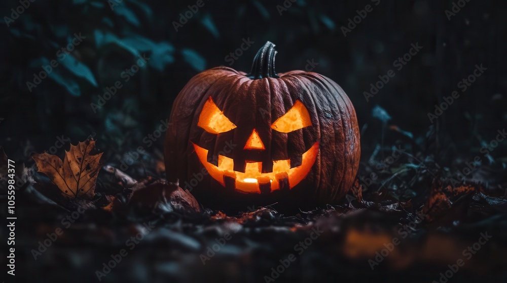 jack-o'-lantern glowing eerily under a full moon, intricately carved with a mischievous grin, surrounded by fallen autumn leaves creating a spooky ambiance jack-o'-lantern glowing eerily under a full moon, intricately carved with a mischievous grin, surrounded by fallen autumn leaves creating a spooky ambiance