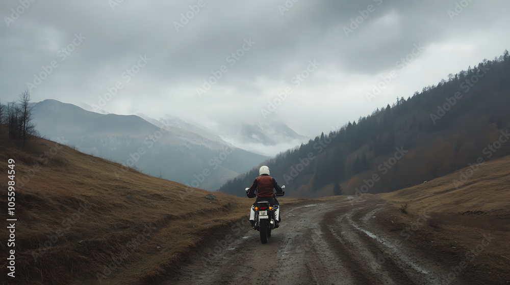 lone motorcyclist traverses a muddy trail through remote mountainous terrain under overcast skies, evoking a spirit of adventure and resilience. lone motorcyclist traverses a muddy trail through remote mountainous terrain under overcast skies, evoking a spirit of adventure and resilience.