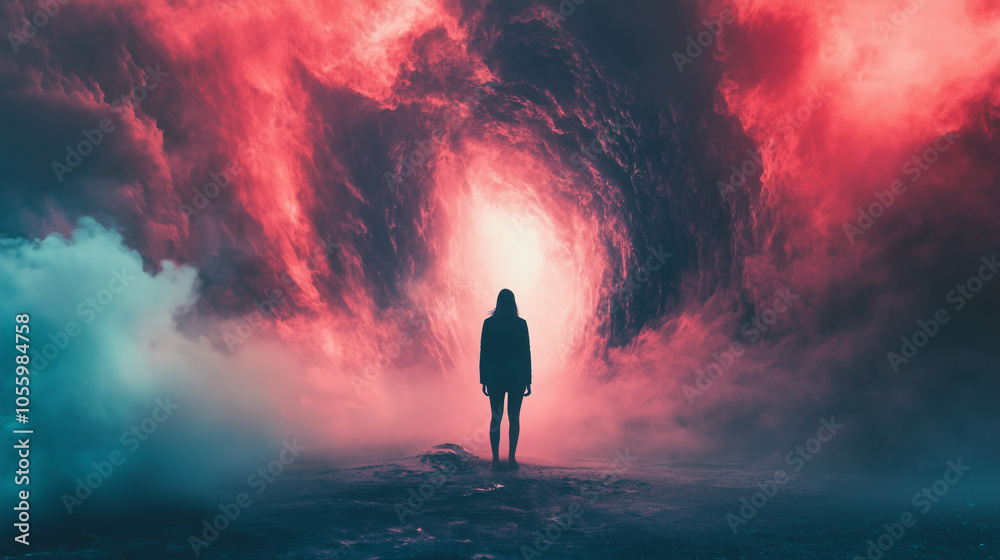 Silhouette of a woman looks on a abstract clouds and red light - novel book cover Silhouette of a woman looks on a abstract clouds and red light - novel book cover