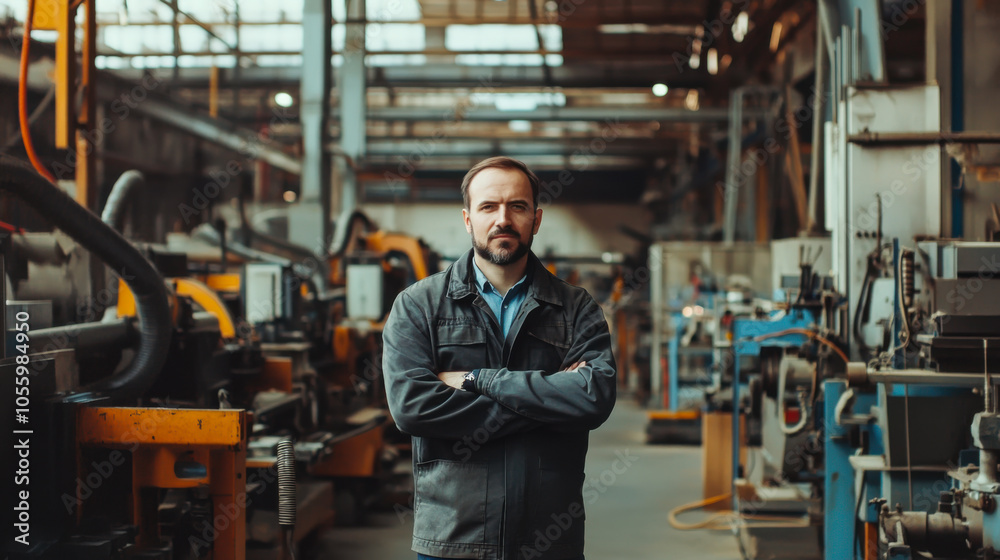 A focused worker stands confidently in an industrial workshop surrounded by machines during daylight hours A focused worker stands confidently in an industrial workshop surrounded by machines during daylight hours