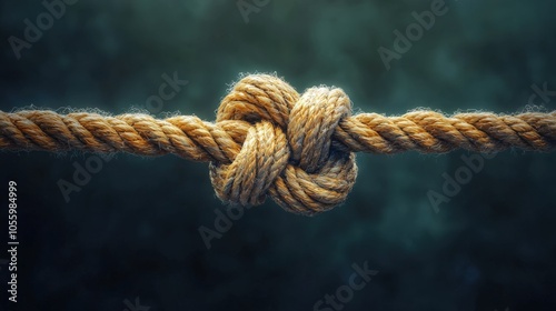 Close-up of a securely tied knot on a natural fiber rope against a blurred background