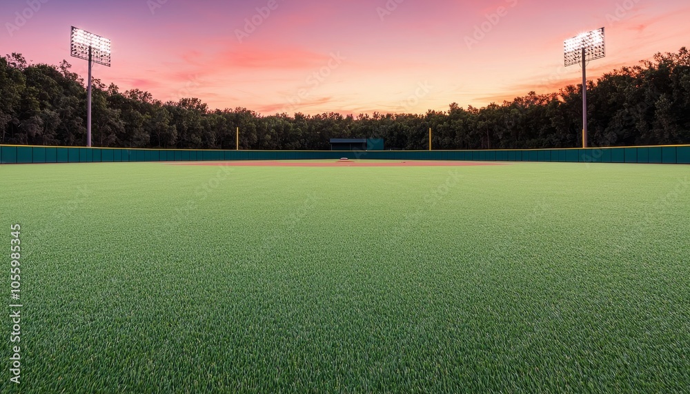 A panoramic view of a baseball field at sunset, showcasing vibrant colors and illuminated floodlights. A panoramic view of a baseball field at sunset, showcasing vibrant colors and illuminated floodlights.