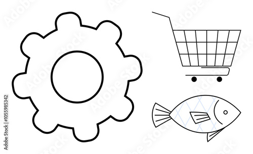 Large gear, shopping cart with wheels in back, and a fish with scales. Ideal for industry, shopping, manufacturing, food, technology. Simple line art style