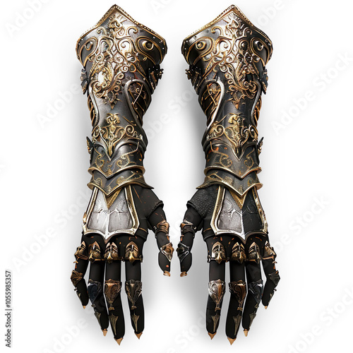 Medieval Metal Gauntlets with Gold Accents on a Transparent Background