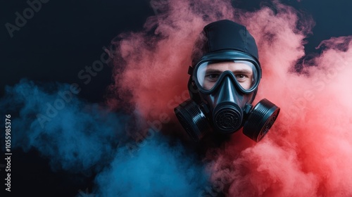 A mysterious figure donning a gas mask is enveloped by swirling clouds of orange and blue smoke, evoking an intense sense of intrigue and suspense.