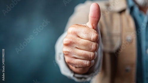 A close-up view of a hand in focus, prominently showing a thumbs-up gesture as a sign of approval or agreement, with a blurred background. photo