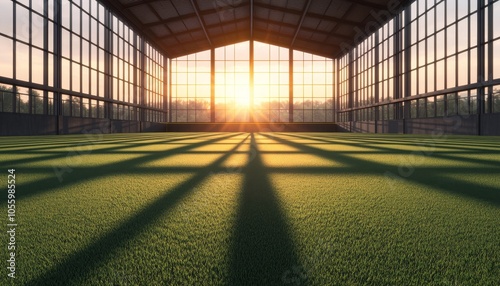 A spacious indoor sports facility with lush green turf, illuminated by a warm sunset through large glass windows. photo