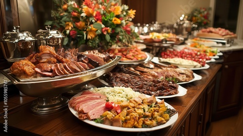 lavish catering buffet filled with beautifully arranged, colorful dishes of meats and vegetables, enticing guests to indulge in a celebratory feast photo