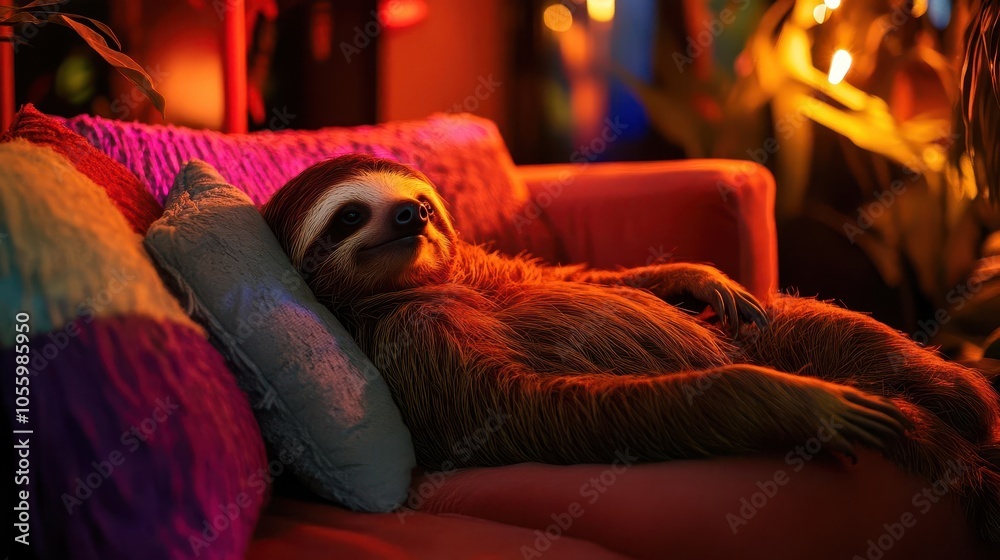 Fototapeta premium lazy sloth lounging comfortably on a plush sofa, embodying relaxation and carefree living, with soft lighting and colorful cushions enhancing the cozy ambiance