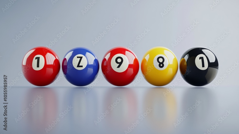 A row of five billiard balls in various colors and numbers, including red, blue, yellow, and black, on a grey background. A row of five billiard balls in various colors and numbers, including red, blue, yellow, and black, on a grey background.