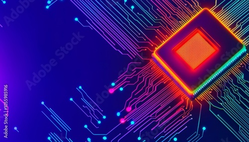 Close-up of a vibrant, modern microchip with colorful circuit pathways against a dark background.
