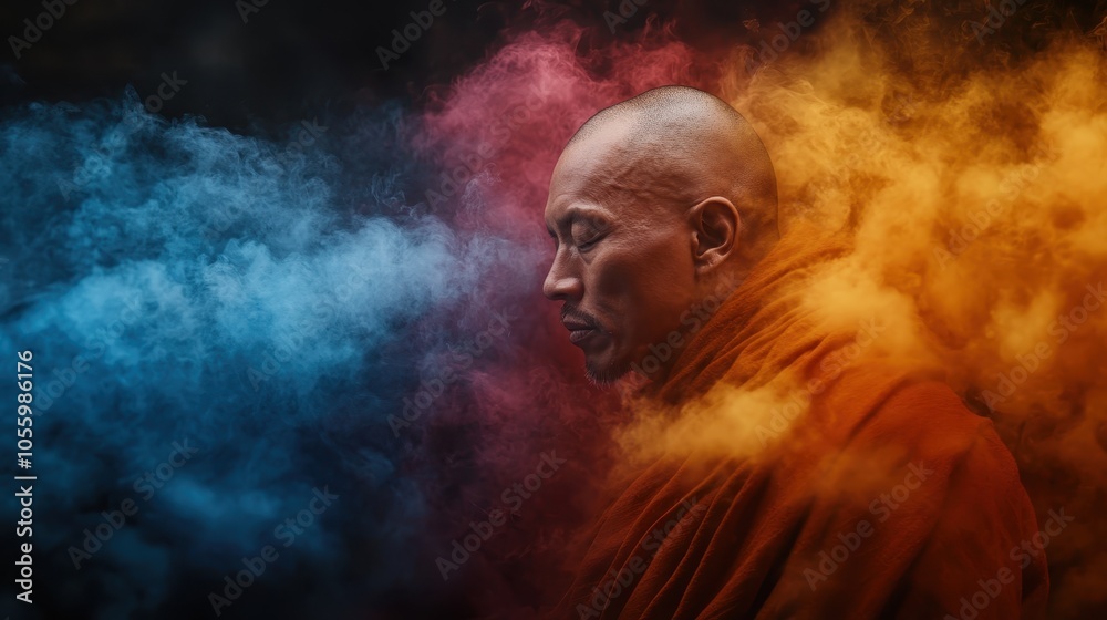 A serene monk enveloped in vibrant colorful smoke meditates calmly against a dark background, evoking tranquility, spirituality, and intense focus. A serene monk enveloped in vibrant colorful smoke meditates calmly against a dark background, evoking tranquility, spirituality, and intense focus.