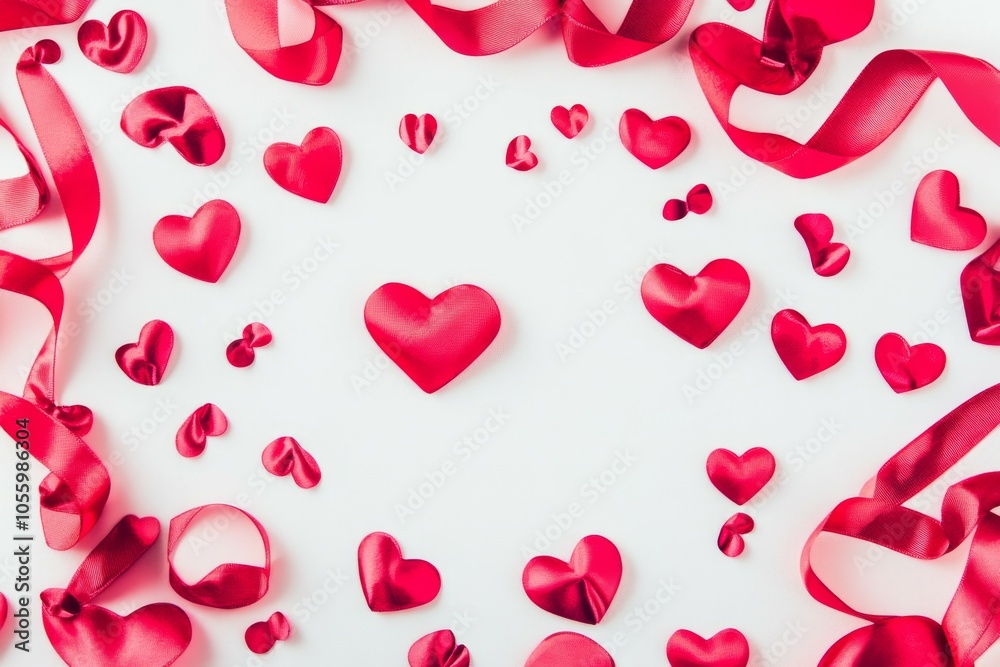 Valentine's Day, red ribbon heart, Love and affection with scattered hearts, romance Valentine's Day, red ribbon heart, Love and affection with scattered hearts, romance