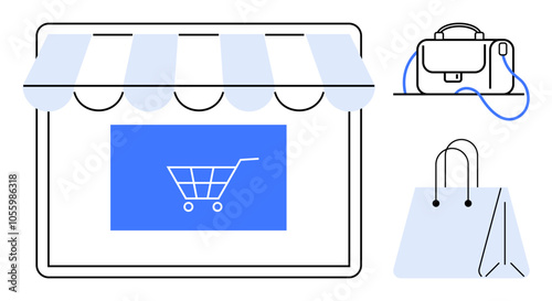 Storefront with awning and shopping cart, briefcase, and shopping bag icons. Ideal for e-commerce, retail, online store, shopping, consumer goods, digital marketplace, business tools. Line metaphor