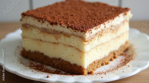 A delectable piece of tiramisu cake elegantly presented on a white plate.