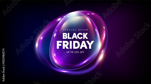 Black Friday Special Offer Banner with Neon Lights and 3D Abstract Shape on Dark Background