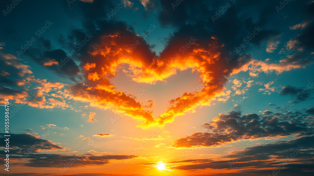 Fototapeta premium A heart-shaped cloud formation glows in the sunset sky over a serene landscape, creating a romantic atmosphere at dusk