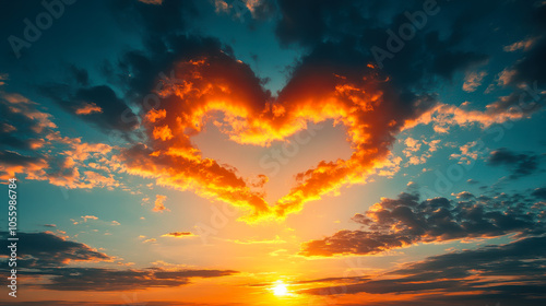 A heart-shaped cloud formation glows in the sunset sky over a serene landscape, creating a romantic atmosphere at dusk