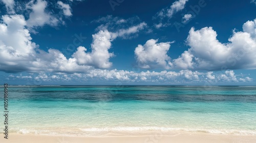 lush beach scene with a serene blue ocean stretching to the horizon, fluffy white clouds drifting lazily in a clear sky, capturing a tranquil summer day ideal for relaxation and leisure