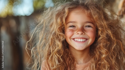 A cheerful young girl with voluminous curly hair beams a wide smile while enjoying an outdoor setting, exuding happiness and natural charm in the soft sunlight.