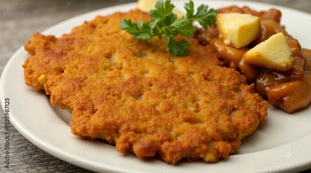 Wiener schnitzel elegantly served on a white plate. Wiener schnitzel elegantly served on a white plate.