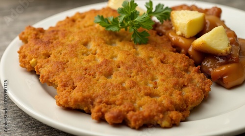 Wiener schnitzel elegantly served on a white plate.